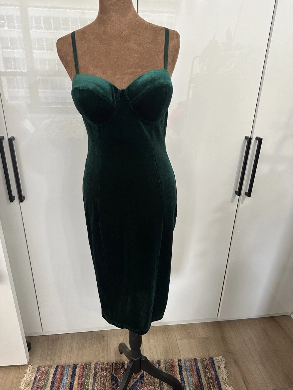 Green Velvet Bustier Midi Dress - Elegant Strap Detail